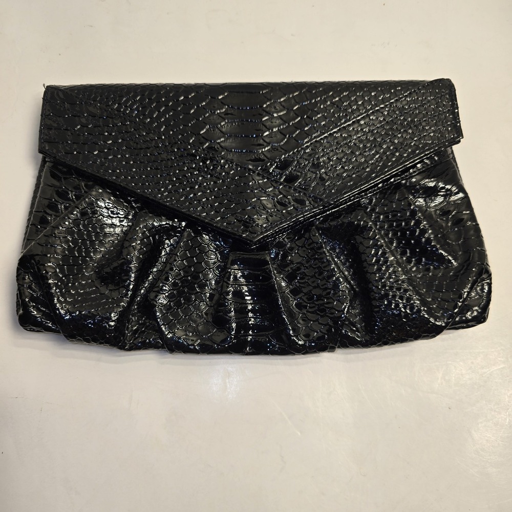 Urban Expressions Black Patent Clutch Faux Snakeskin Texture Envelope Style